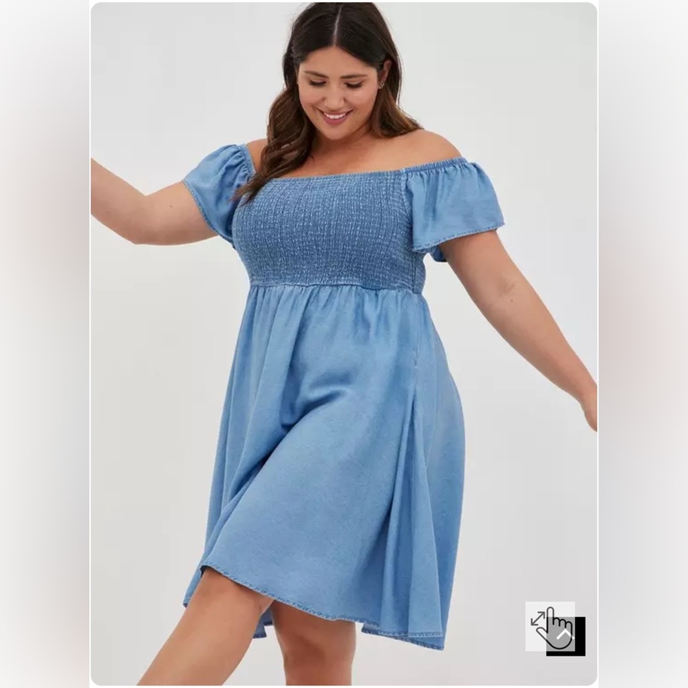 Blue Chambray Off-Shoulder Smocked Skater Dress - Picture 2 of 5